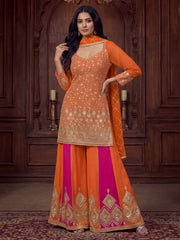 Orange And Magenta Zari Embroidered Sharara Suit