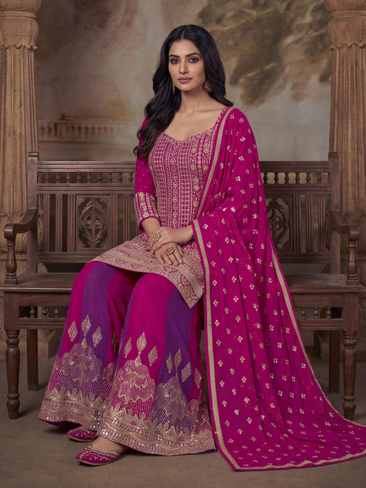 Pink And Purple Traditional Embroidered Sharara Suit