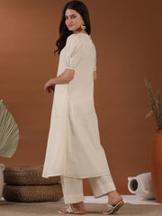 Off White Ethnic Motifs Embroidered Puffed Sleeves Thread Work A-Line Kurta with Palazzos