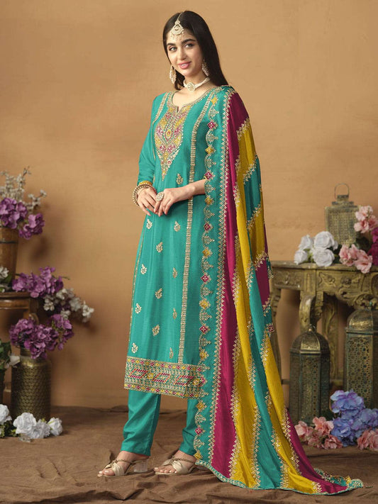 Chinnon Silk Turquoise Salwar Suit with Multicolor Dupatta