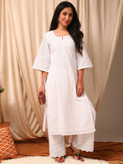Women White Ethnic Motifs Embroidered Flared Sleeves Chikankari White Romance Kurta