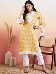 Mustard Floral Printed Thread Work Straight Kurta