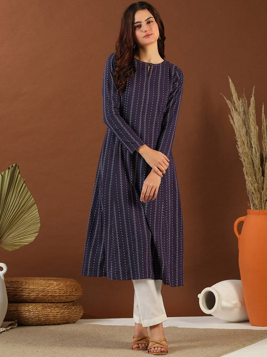 Purple Ethnic Woven Design Round Neck Panelled Cotton A-Line Kurta