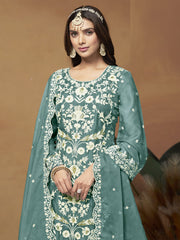 Sea Green Organza Embroidered Designer Salwar Suit