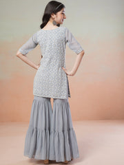 Girls Grey Floral Embroidered Round Neck Thread Work Kurta with Sharara
