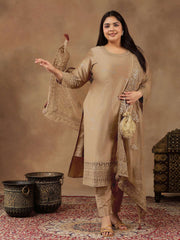 Plus Size Abstract Printed & Embroidered Kurta With Trousers & Dupatta