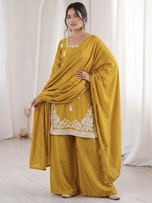 Yellow Designer Roman Silk Embroiderd Palazzo Suit