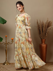 Floral Printed Bell Sleeve Maxi Ethnic Dresses