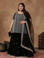 Plus Size Floral Embroidered Thread Work Straight Kurta With Sharara & Dupatta