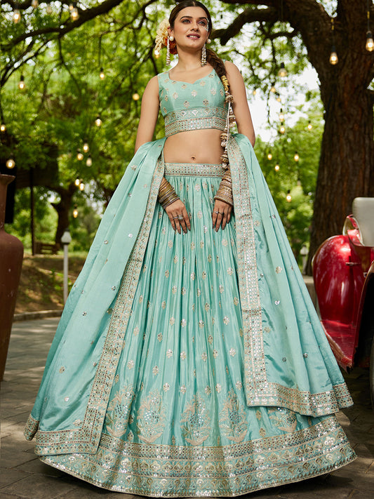 Sea green colour Chiffon Sequinse embroidery Semi-Stitched Lehenga choli and Dupatta