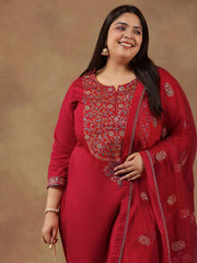 Floral Embroidered Zari Straight Kurta with Trousers & Dupatta