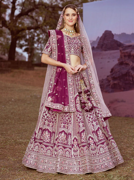 Purple Pure silk Moti, Sequins embroidery Semi-Stitched Bridel Lehenga choli & Dupatta