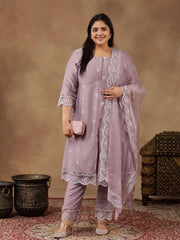 Plus Size Floral Embroidered Thread Work A-Line Kurta With Trousers & Dupatta