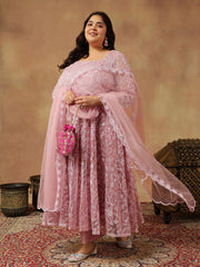 Floral Embroidered Regular Thread Work Anarkali Kurta With Trousers & Dupatta