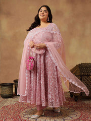 Floral Embroidered Regular Thread Work Anarkali Kurta With Trousers & Dupatta