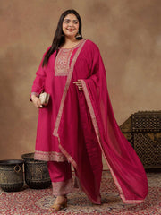 Plus Size Ethnic Motifs Embroidered Thread Work Kurta Trousers & With Dupatta