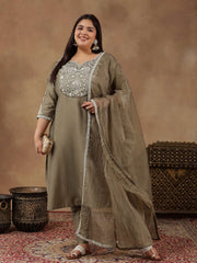 Plus Size Floral Embroidered Thread Work Kurta With Trousers & Dupatta