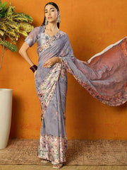 Grey Floral Sequinned Poly Georgette Saree