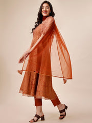 Floral Printed Puff Sleeves Regular Kurta with Trousers & Dupatta