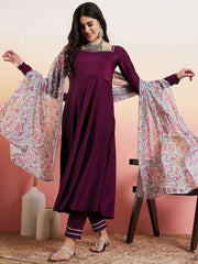 Mauve Regular Gotta Patti Kurta with Trousers & Dupatta