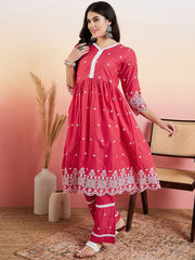 Pink & White Floral Embroidered Flared V-Neck Kurta & Palazzo
