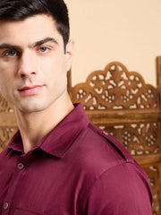 Maroon Roll-Up Sleeves Pathani Kurta With Pyjama