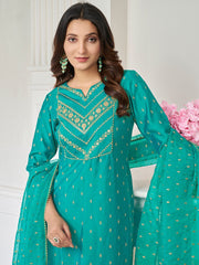Women Green Ethnic Motifs Embroidered Regular Thread Work Chanderi Cotton Kurta with Trousers & With Dupatta