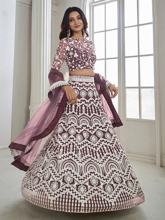 Mauve Embroidered Semi-Stitched Lehenga & Unstitched Blouse With Dupatta