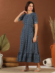 Navy blue Bandhini Printed Cotton Tie Up Lace Fit & Flare Midi Ethnic Dress