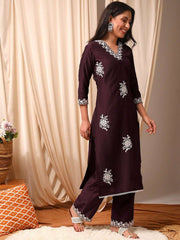 Women Burgundy Floral Embroidered Regular Thread Work Kurta with Palazzos