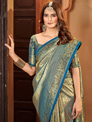 Women Gold Zari Woven Traditional Saree with Ethnic Motive Border