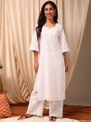 Women White Ethnic Motifs Embroidered Flared Sleeves Chikankari White Romance Kurta
