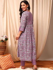 Pink Women Floral Printed Angrakha Thread Work Kurta with Trousers