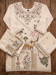 Off White Multicolor Embroidery Silk Palazzo Style Suit