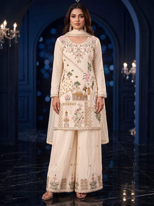 Off White Multicolor Embroidery Silk Palazzo Style Suit