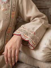 Beige Multicolor Embroidery Silk Palazzo Style Suit