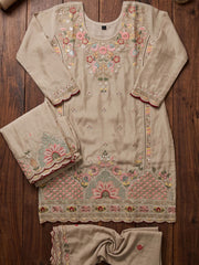 Beige Multicolor Embroidery Silk Palazzo Style Suit