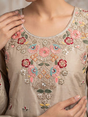 Beige Multicolor Embroidery Silk Palazzo Style Suit