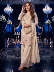 Beige Multicolor Embroidery Silk Palazzo Style Suit