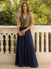 Midnight Blue & Gold Jacquard Halter Co-ord Set