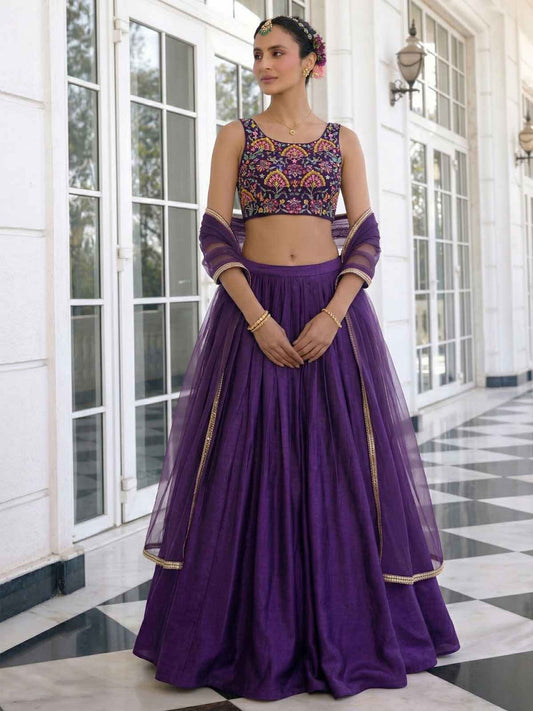 Solara Plum Vichitra Silk Lehenga Set