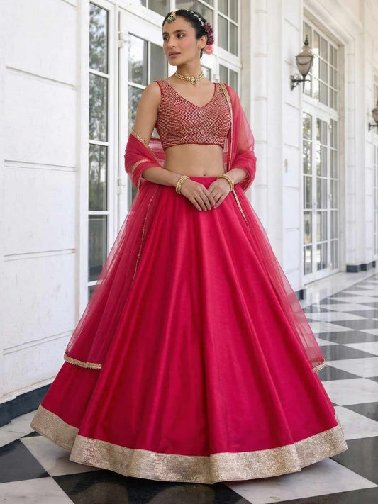 Solara Crimson Vichitra Silk Lehenga Set