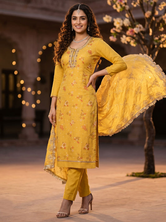 Yellow Model Cotton Hand Work Kurta Set