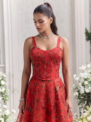 Orange Color Organza Printed Lehenga Blouse
