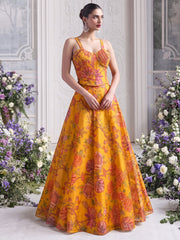 Mustard Yellow Organza Printed Lehenga Blouse