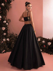 Embroidered and Plain Work Silk Readymade Lehenga Choli In Black Colour
