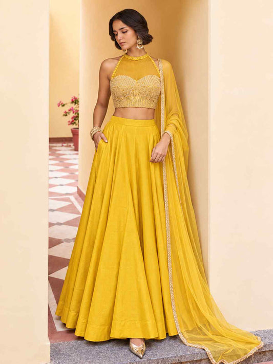 Yellow Roman Silk Designer Lehenga And Choli
