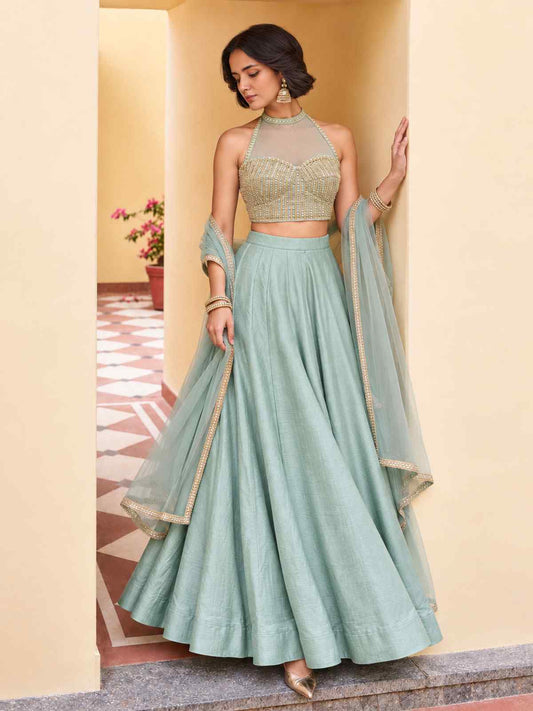 Turquoise Roman Silk Designer Lehenga And Choli