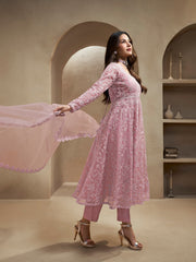 Amyra Dastur Pink Floral Embroidered Regular Thread Work Kurta with Trousers & With Dupatta