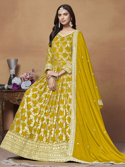Mustard Dola Jacquard Festive Anarkali Suit
